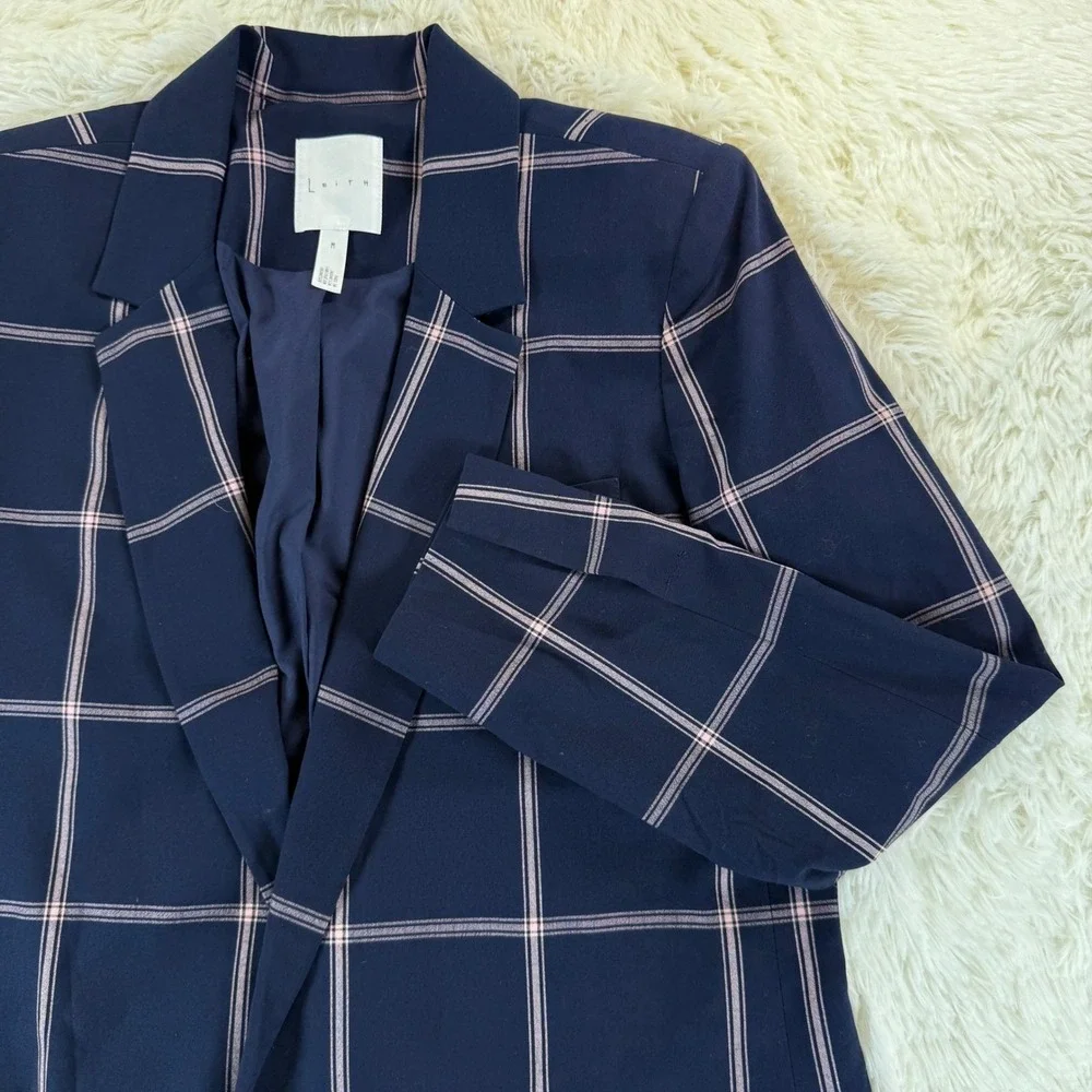 Leith Plaid Blazer Women's Medium Navy Blue Pink‎ Career Officewear Jacket Corp - Picture 10 of 12